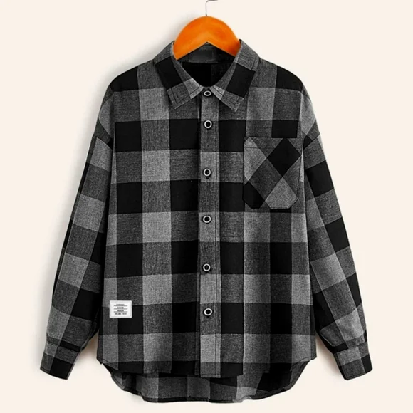 Shein Shirts & Tops | Shein Boys Buffalo Plaid Print Patch Detail High Low Hem Shirt | Color: Black | Size: 13-14y | Bonniehaskell's Closet